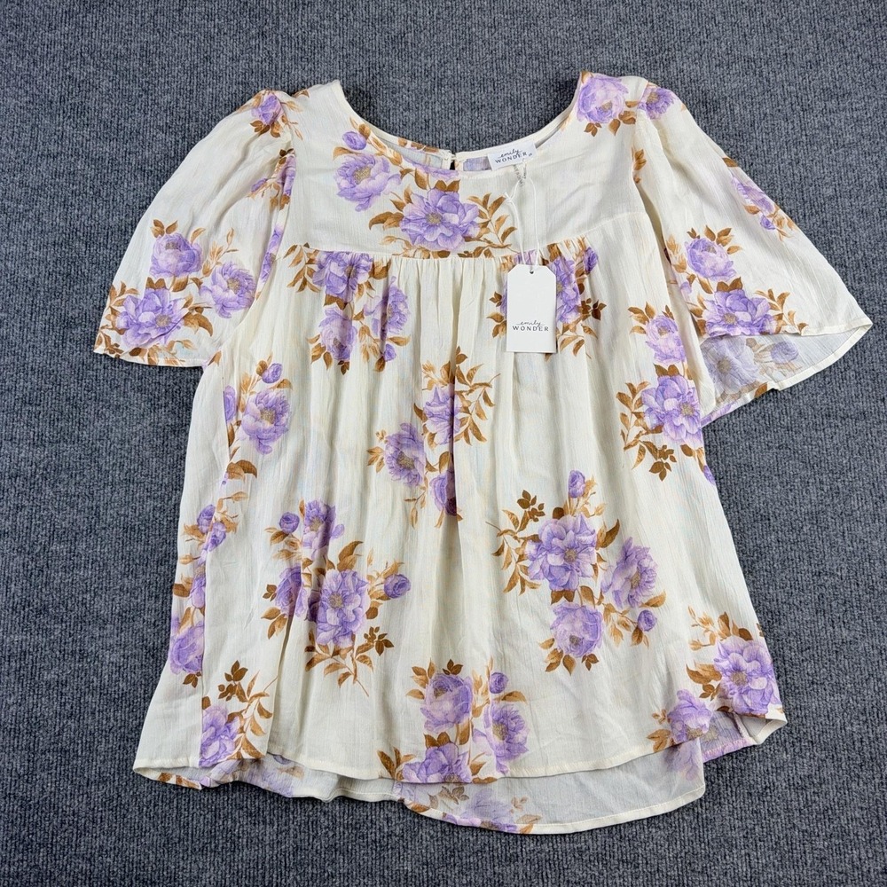 Emily Wonder Blouse Womens 2X White Floral Flutter Sleeve Tunic Top Sheer